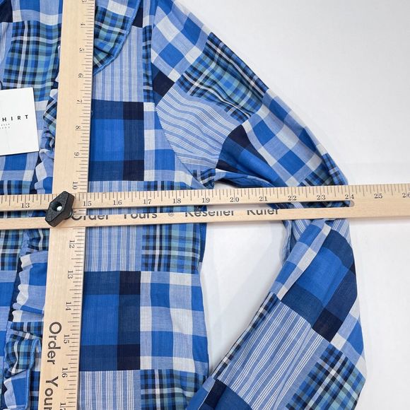 Rochelle Behrens The Shirt‎ Size Small Blue Plaid Button Front Patchwork Ruffle - Picture 11 of 12